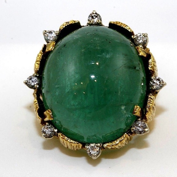 Oval Emerald Diamond Cocktail Ring 18k YG 50.25Ct - Picture 2 of 7